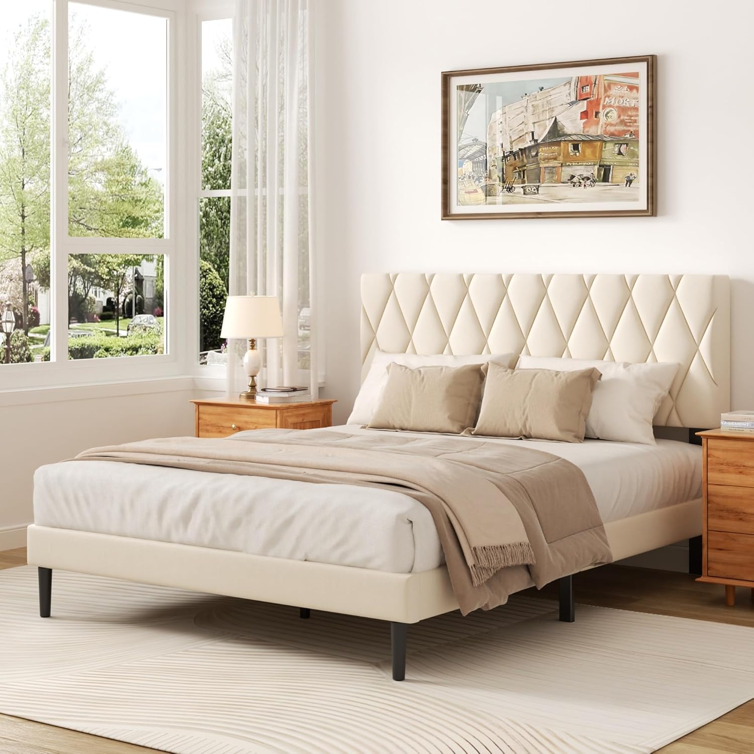 CXVX Full Size Bed Frame with Diamond Tufted Headboard