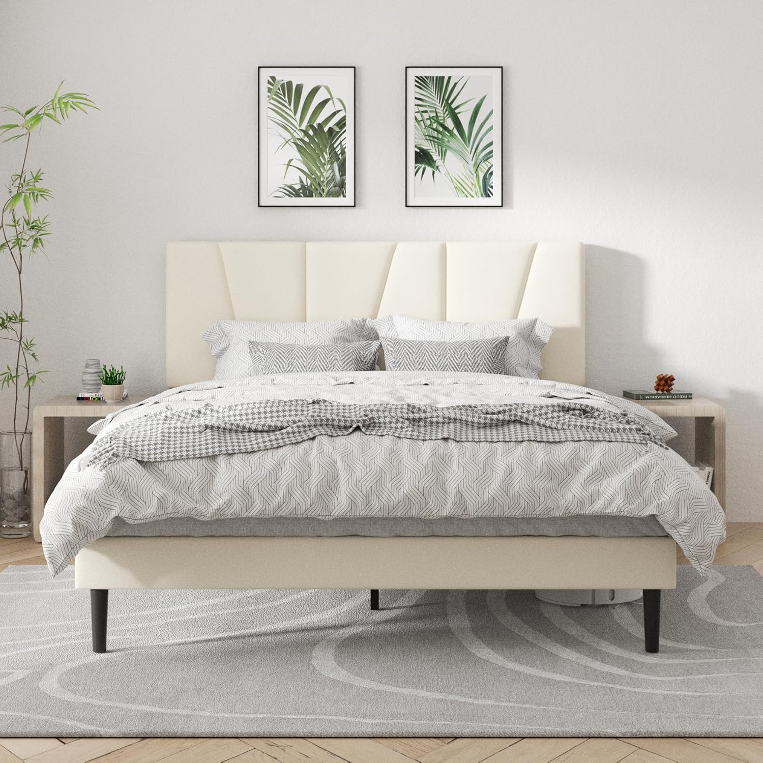 CXVX Full Size Platform Bed Frame with Geometric Upholstered Headboard