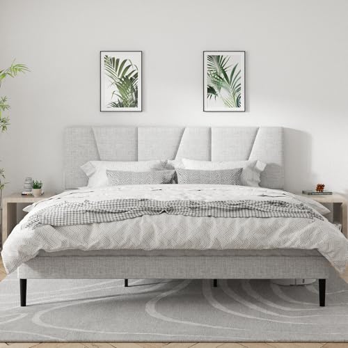 CXVX King Size Platform Bed Frame with Geometric Upholstered Headboard